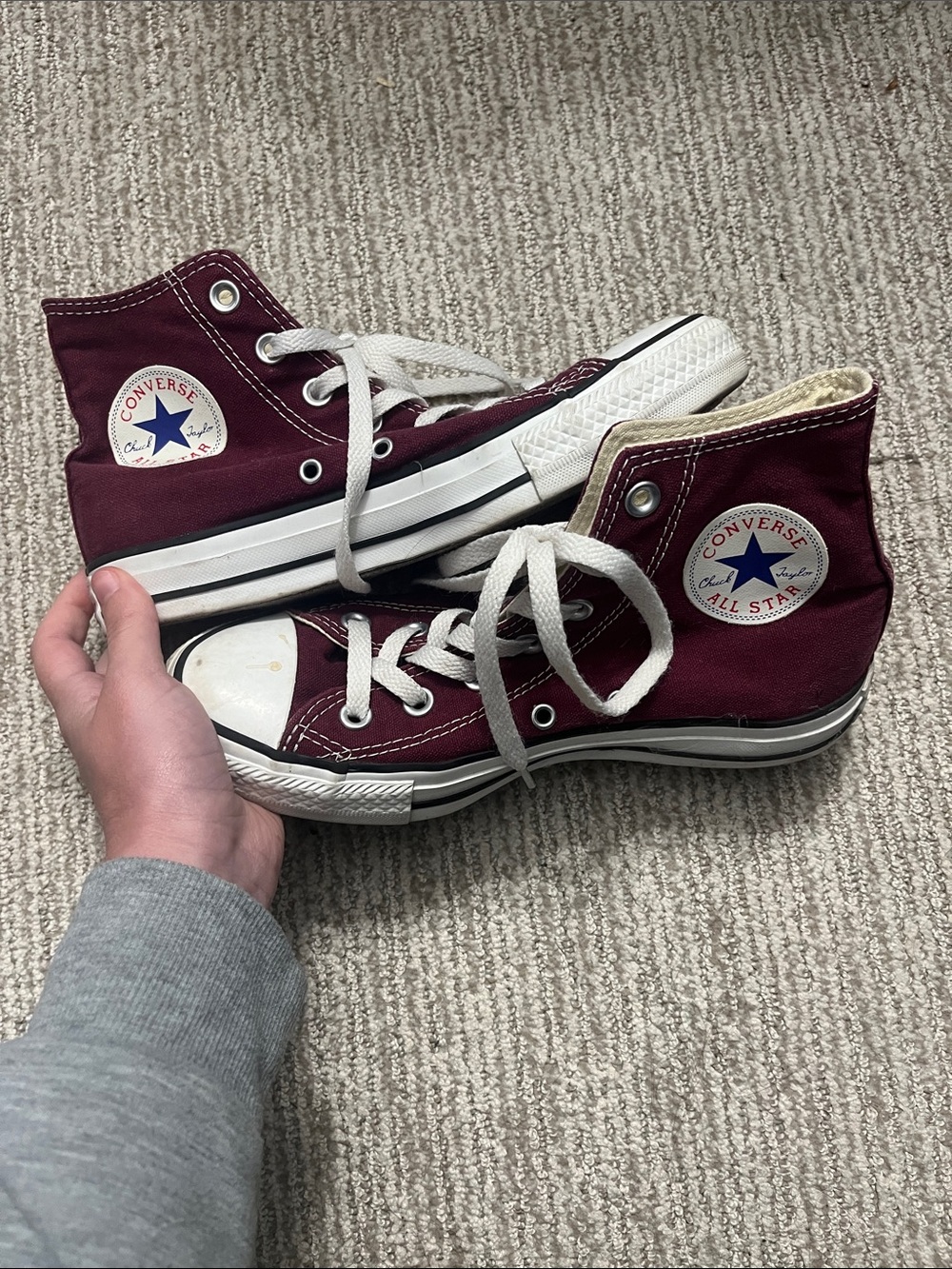 Converse High Top Sneakers Burgundy with White Accents - Picture 2 of 5